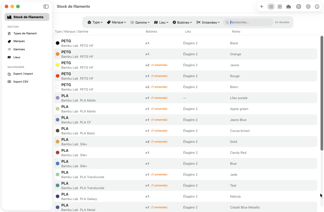 Aperçu de Filaments Manager — vue liste